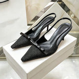 Luxury Black Rhinestone Slingback Kitten Heels for Women Pointed Toe Bow Knot Evening Party Dress Shoes Bridal Wedding Pump