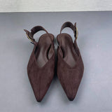 Women Black Faux Suede Flat Mules Pointed Toe V Neck Vamp Adjustable Back Slingback Strap Minimalist Casual Slip on Shoes