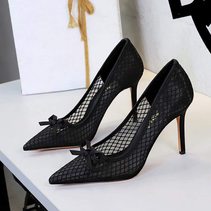 New Spring Autumn Women Pumps Pointed Toe Thin Heel Sweet Mesh Shoes Elegant Bow-knot Shallow Slip-on High Heels