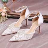 Wedding White Talons Dames Luxury Slingback Sandals Lace Pearl Shoes Women Heel for Ladies