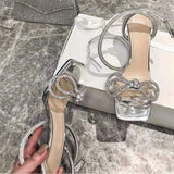 Trendy Summer Silver Square Toe High Heels for Ladies Knot Sandales Talon Femme Ankle Cross Strap Bling Elegant Bow Sandal Heels