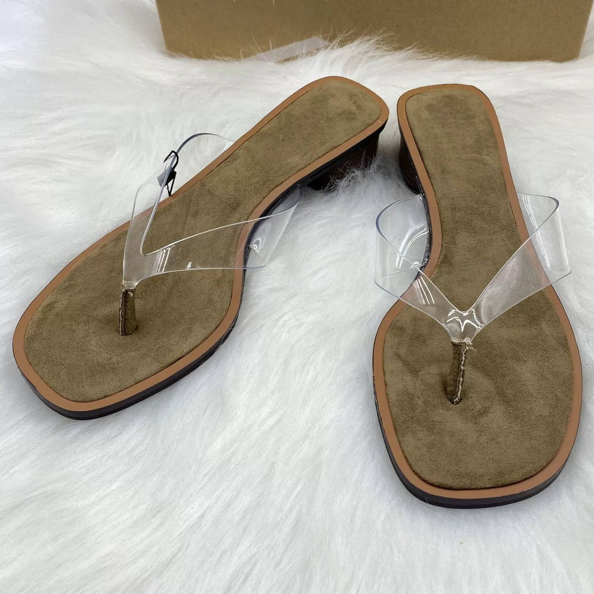New Women's Wooden Heel Flip Flops Transparent PVC Round Toe Casual Sandals Comfortable Ladies Slippers
