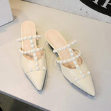 Summer New Pointed Toe Solid Color Shoes Pearl Slippers Women Simple Comfortable Heels