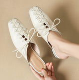 Square Toe Woven Mule Heels for Women 4.5Cm Mid Heel Genuine Leather Upper Pigskin Lining Comfortable Breathable Casual Slides