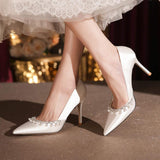 Elegant White Satin Pointed Toe Wedding Heels for Bride Luxury Faux Pearl Crystal Rhinestone Stiletto Prom Pumps Dress Shoes