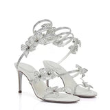 Elegant Flower Stiletto Shoes Women Sexy Rhinestone Strappy Wedding Sandals Fairy Lace Floral Dress High Heels
