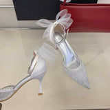 New Elegant Rhinestone Stiletto Heels Mesh Detail Bow Wedding Party Women Sandals
