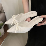 Fashion Lace Pointed Toe Mules for Women Comfortable Kitten Heels with Bowknot Elegant Office Dress Shoes Slides Slippers