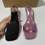 Women's Square-toe Stiletto Sandals with Shell-shaped Shiny Buckle Decoration Sexy Elegant Purple Ladies Sandals