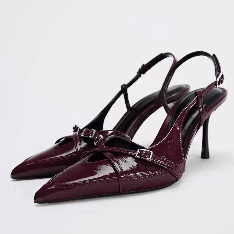 Wine Chaussures Femme Sandales a Talon Sexy Slingback Pointy Toe  Luxury Heels for Ladies