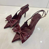 Bow Pointed Toe Spring Summer Mules Talons Haut Sexy Escarpins Wine Red Trending Women Heels