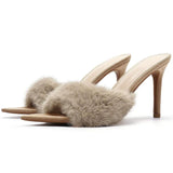 Women's Fuzzy Fur Stiletto Mule Sandals Soft Insole Elegant Open Toe Slip on Heels for Party Date Daily Casual Wear