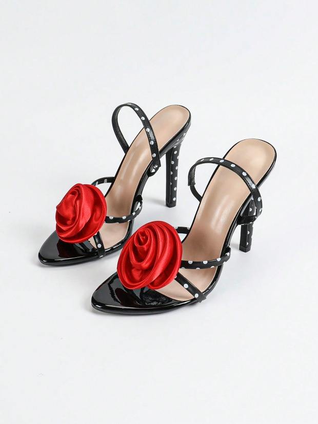 Ladies' 3D Floral Embellished & Polka Dot Cross Strap Ankle-Strap Pointed-Toe Gorgeous Women Black High Heel Sandals
