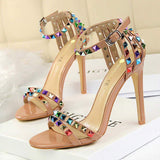 Sandales a Talons Hauts Women's Stiletto Heel Roman Sandals High Heel, Open-Toe with Colorful Rivets