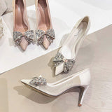 Wedding Party 2025 Fashion Female Pointed Toe Satin Bling Rhinestones Pumps Stiletto Heels