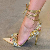 Ankle Lace up Chaussures a Talons Point Toe Luxury Sexy Crystal Gold Strappy Heels for Women