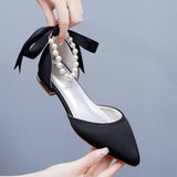 Large Size 43 Flat Satin Wedding Flats Fashion White Pearl Lace Bridesmaid Shoe Lightweight White Shoes