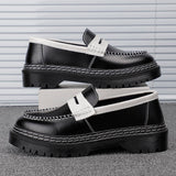 Men's Black White Contrast Leather Penny Loafers Chunky Platform Sole White Stitching Casual Dress Shoes for Daily Wear