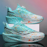 Mens Rotary Buckle Running Shoes Teal Paint Splatter Sneakers Women Lightweight Breathable Thick Sole Athletic Walking Footwear