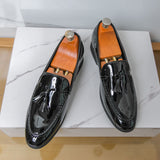 Mens Luxury Shiny Pink Patent Leather Tassel Loafers Metallic Magenta Slip on Dress Shoes for Wedding Prom Party Stage Look