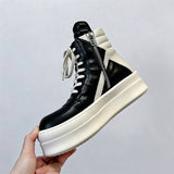 Men Black White High Top Platform Sneakers Avant Garde Chunky Sole Boots Streetwear Urban High Fashion Side Zip Lace up
