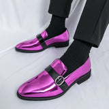 Mens Luxury Shiny Metallic Magenta Patent Leather Loafers Slip on Dress Shoes With Buckle Strap for Wedding Party Prom