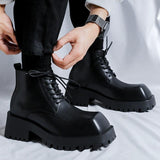 Square Toe Thick Sole Height Increasing Chunky Shoes Men Lace up Microfiber Leather Other Ankle Boots