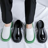 Men's White Microfiber Leather Mule Slides Chunky Green Platform Sole Non Slip Casual Slip on Shoes Daily Walking Footwear