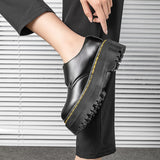 Men's Smooth Leather Buckle Strap Platform Shoes With Yellow Welt Stitching Chunky Non Slip Sole Retro Casual Footwear