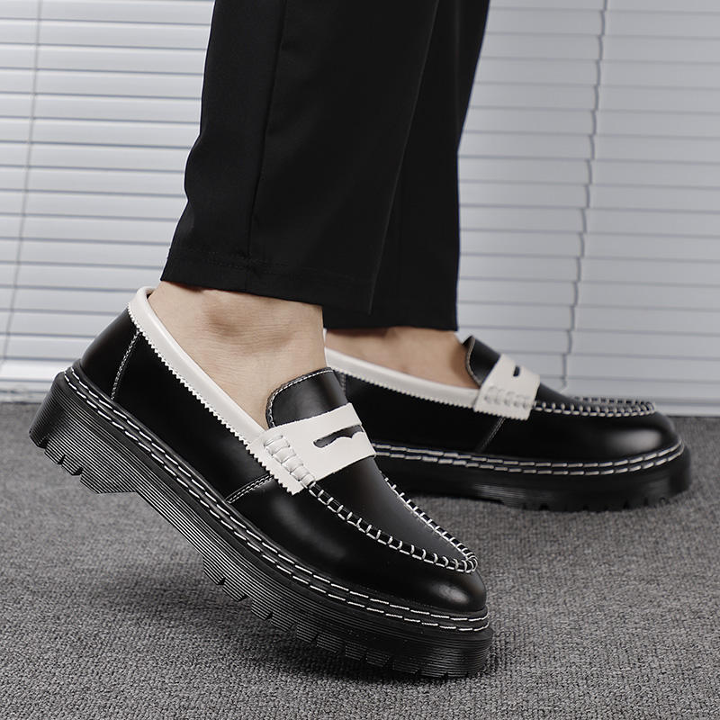 Men's Black White Contrast Leather Penny Loafers Chunky Platform Sole White Stitching Casual Dress Shoes for Daily Wear