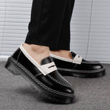 Men's Black White Contrast Leather Penny Loafers Chunky Platform Sole White Stitching Casual Dress Shoes for Daily Wear