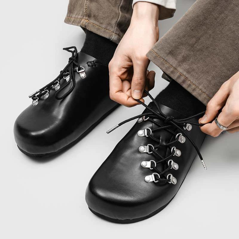 Men Microfiber Smooth Leather Closed Toe Mule Loafers Laced Open Back Clogs With Metal Eyelets Retro Thick Sole Casual Shoes