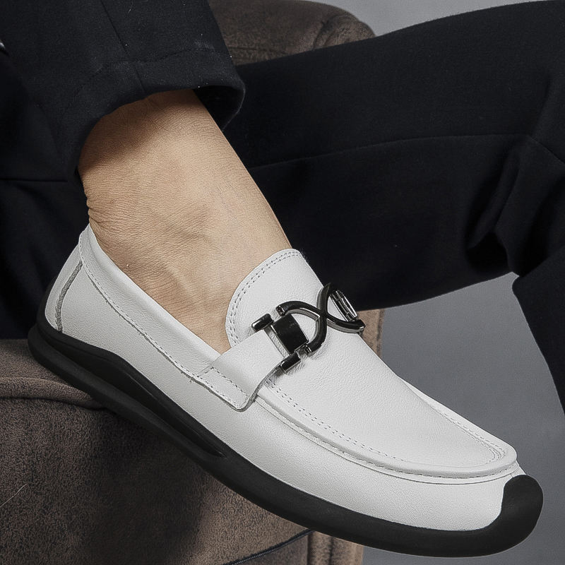 White Genuine Leather Men Loafers Dress Shoes Perforated Breathable Casual Driving Shoes Soft Cowhide Slip on Luxury Moccasins