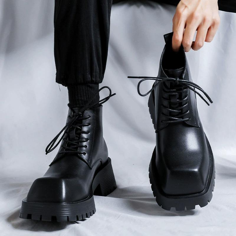 Square Toe Thick Sole Height Increasing Chunky Shoes Men Lace up Microfiber Leather Other Ankle Boots