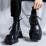 Square Toe Thick Sole Height Increasing Chunky Shoes Men Lace up Microfiber Leather Other Ankle Boots