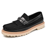 Comfortable Mens Platform Loafers Fashion Slip On Casual Shoes Suede Leather Upper Tassel Buckle Decor Chunky Sole Walking Shoe