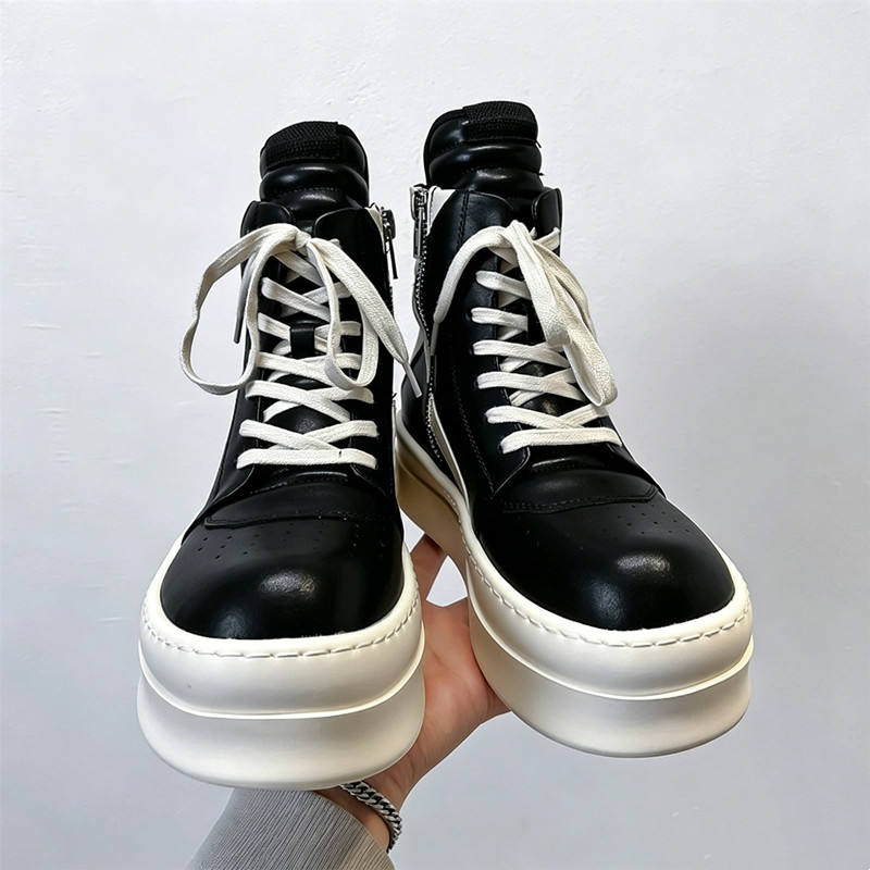 Men Black White High Top Platform Sneakers Avant Garde Chunky Sole Boots Streetwear Urban High Fashion Side Zip Lace up