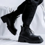 Square Toe Thick Sole Height Increasing Chunky Shoes Men Lace up Microfiber Leather Other Ankle Boots