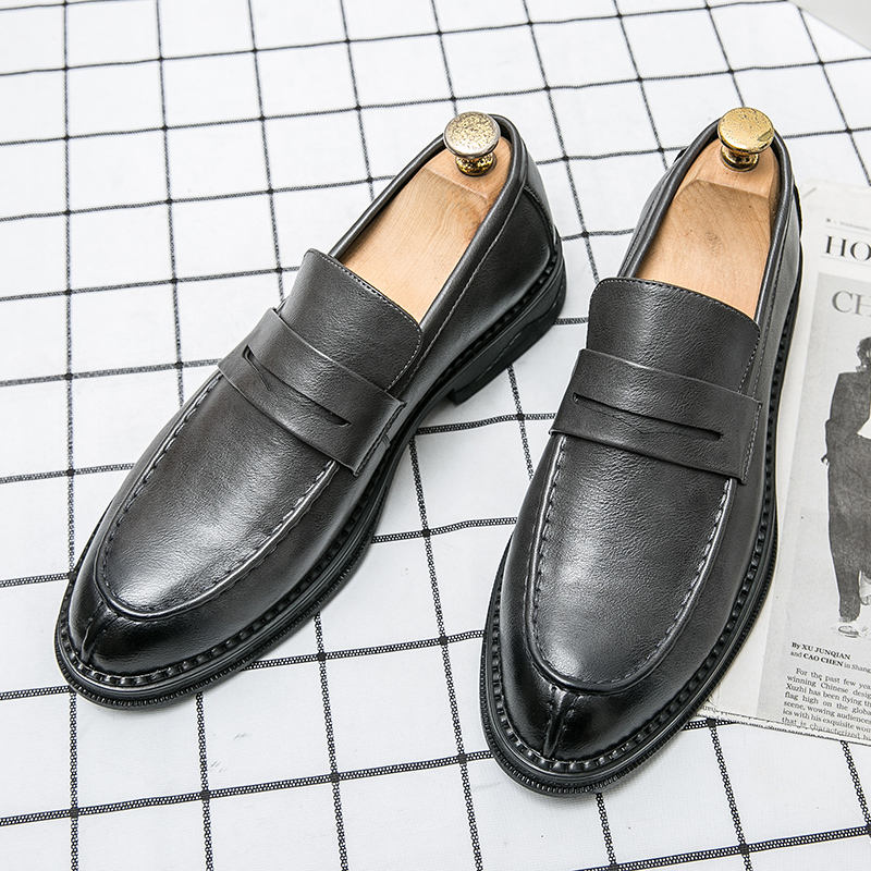 Round Toe PU Leather Slip on Formal Shoes Grey Men Loafers Dress Shoes