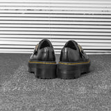 Men's Smooth Leather Buckle Strap Platform Shoes With Yellow Welt Stitching Chunky Non Slip Sole Retro Casual Footwear