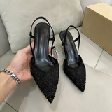 Women Pointed Toe Slingback Heels Sexy Mesh Rhinestone Stiletto Sandals Pumps Sparkly Beaded Evening Party Dress Shoes Black