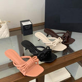 Elegant 2026 Square Toe Kitten Heel Mules Women Trendy Knotted Strappy Sandals Comfortable Slip on Dressy Party Shoes Slippers