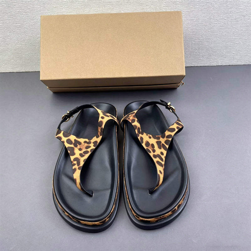 Women Leopard Print Flat Platform Thong Sandals Adjustable Metal Buckle Slingback Strap Casual Summer Daily Beach Footwear