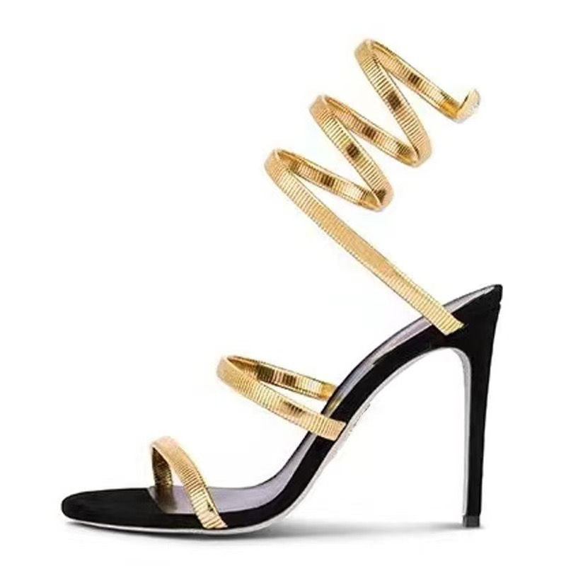 2025 Talon Snake Strap Silver Sole Summer Ankle Wrap Around Spiral Heels for Lady