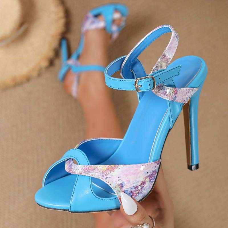 Summer Sky Blue Ankle Strap Sandals Pointed Open Toe High Heels Fashion Wedding Evening Party Mixed Color Dress Shoes for Women