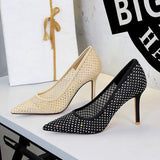 Rhinestone Mesh Women's Pointed Toe Luxury Dress Wedding Shoes Elegant Single Heels