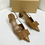 Women Pointed Toe Bow Slingback Heels Elegant Patent Leather Block Heel Sandals Pumps Chic Evening Party Shoes Dressy