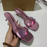 Women's Square-toe Stiletto Sandals with Shell-shaped Shiny Buckle Decoration Sexy Elegant Purple Ladies Sandals