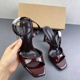 Sexy Open Toe Ankle Strap Sandals Glossy Leather Chocolate Color High Heels Luxury Ladies Chunky Stiletto Dress Shoes