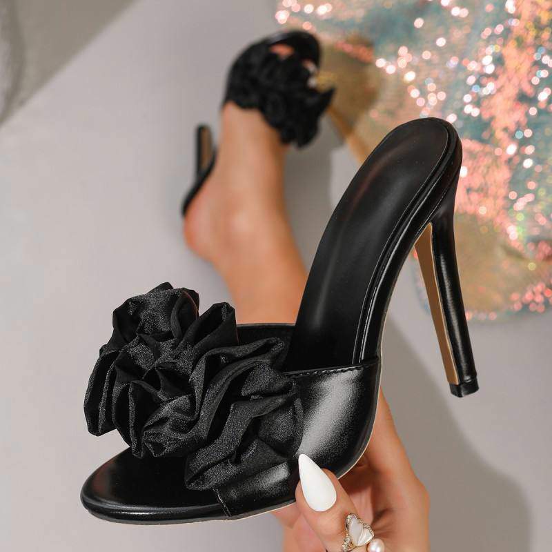 Pink Satin Floral Mules Women Trendy Open Toe Stiletto Sandals Elegant Party Prom Dressy Slip on Shoes Heels